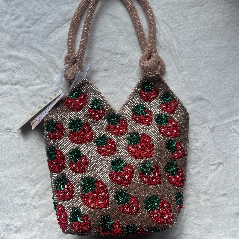 Viral Strawberry Print Beaded Bag